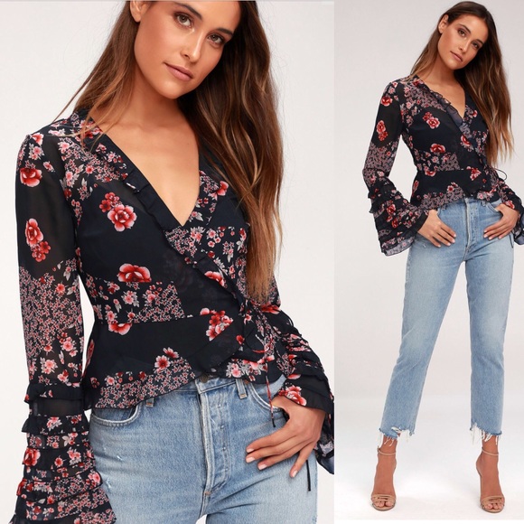 The Fifth Label Tops - 🆕 Fifth Label Navy Blue Floral Print Wrap Top